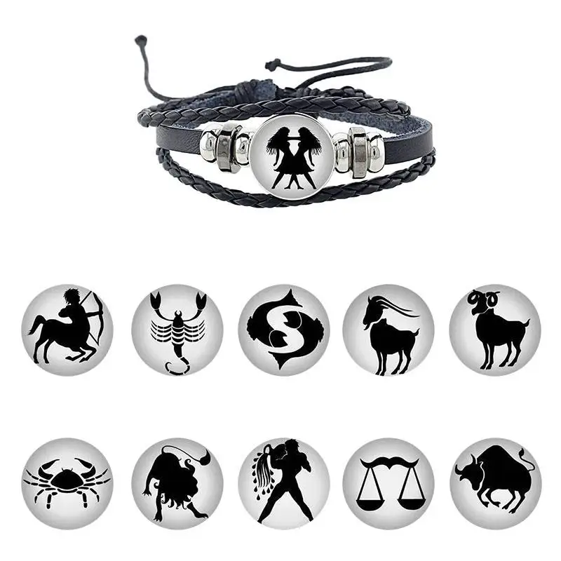 Twelve Constellations Sagittarius Capricorn Pisces Image Leather Bracelet Glass Cabochon Dome Charm Bangles Jewelry XZ37-25