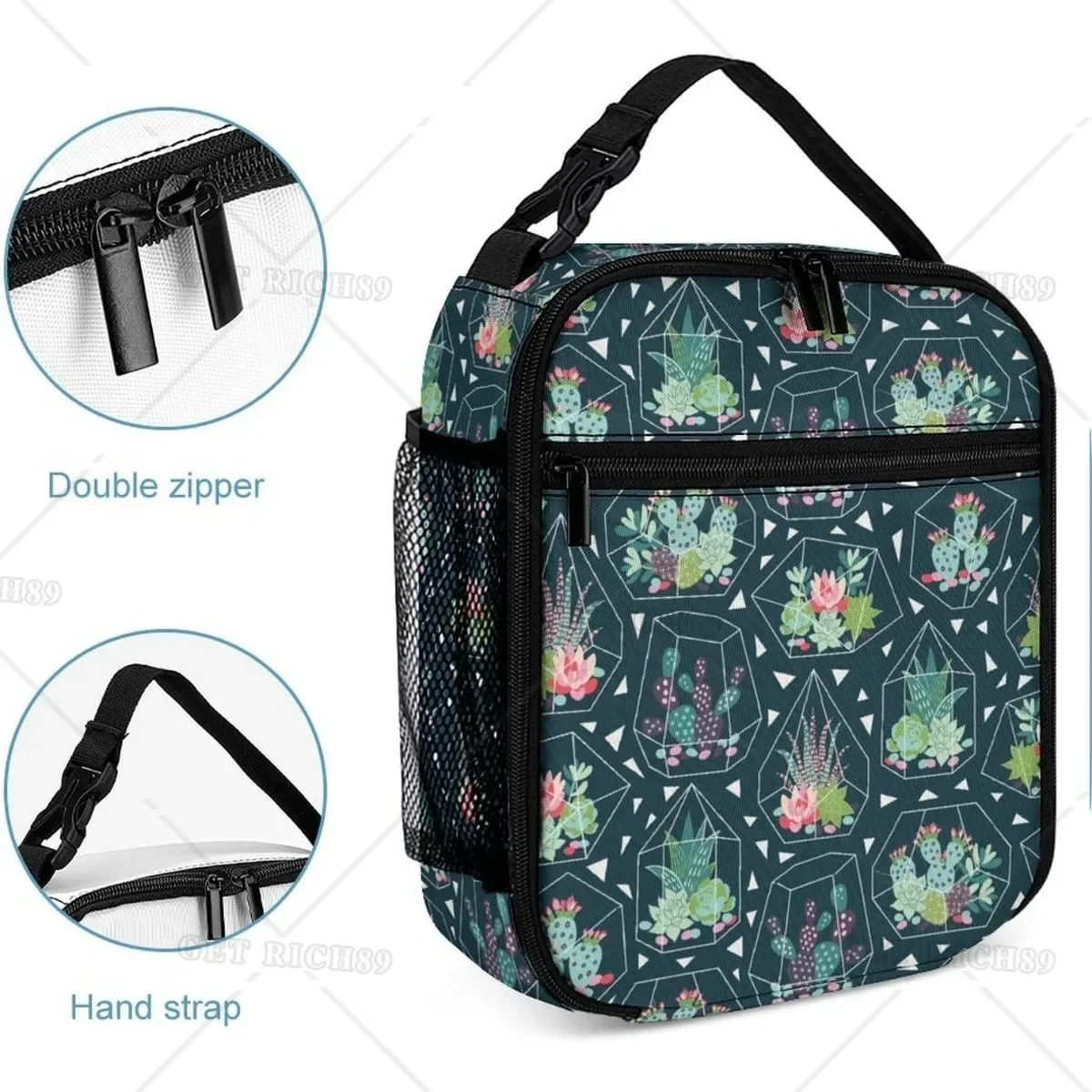 Cartoon Cactus Insulated Lunch Bag for Women Men, Reusable Portable Lunch Box with Pocket for Work Office Picnic Travel