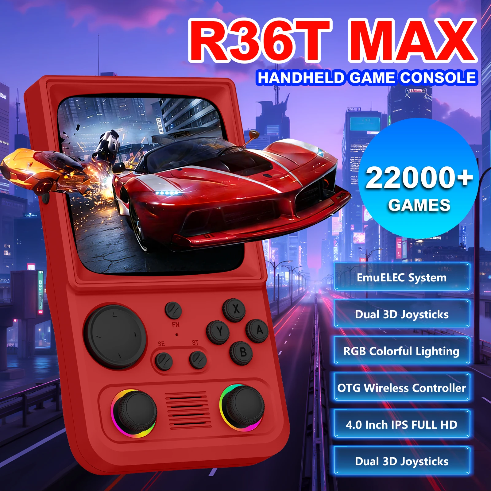 R36T MAX Retro Handheld Game Console 4.0 Inch IPS Screen 720*720 EmuELEC System Built-in 18000+ Games 8-10 Hours Play Time Support WIFI Online Battle RGB Colorful Light Ring Portable Video Game Player