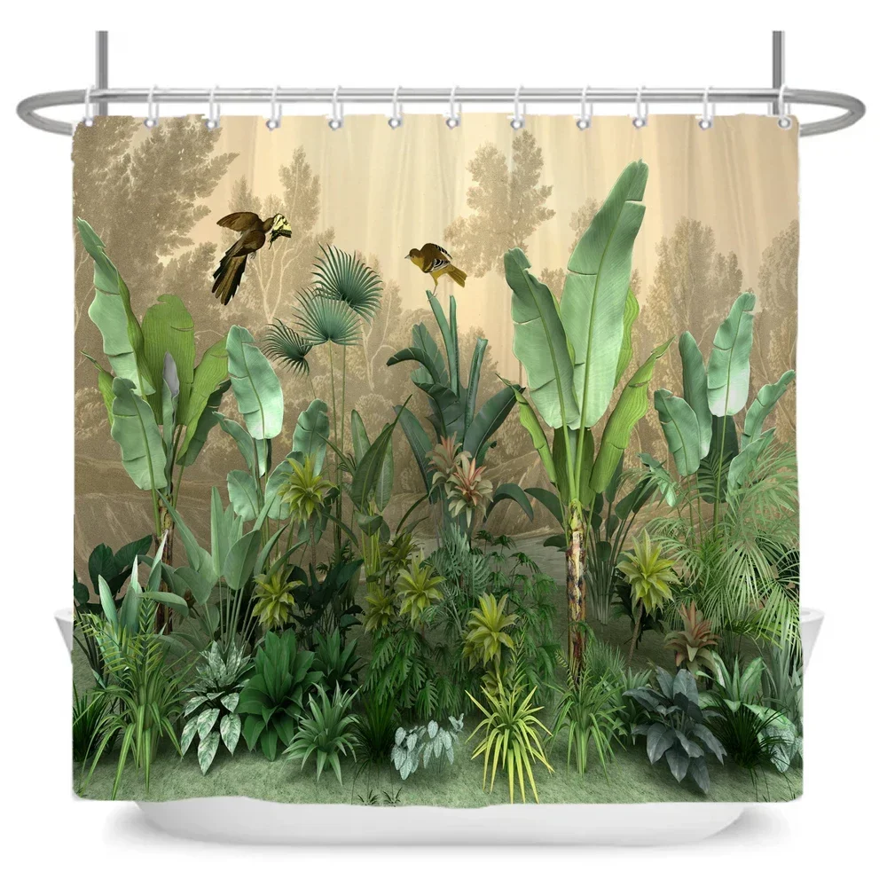 Green Tropical Palm Tree Shower Curtain Leaves Plant Fabric Bathroom Curtain Botanical Jungle Bath Curtain Large Size Wall Cloth