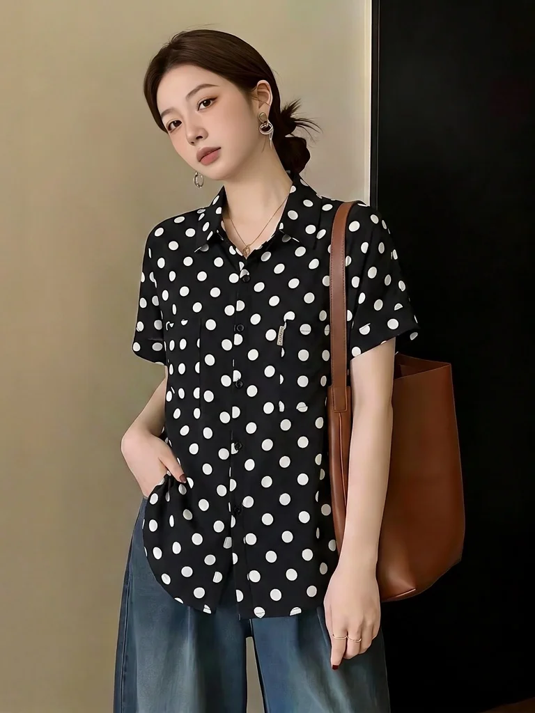 

Elegant Black Polka Dot Short Sleeve Shirt Women's Summer New plus Size Slimming Commute Top Korean Style Loose Fit Blouse