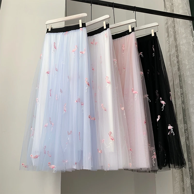 

Fashion Long Bird Feather Embroidery Tulle Skirt Women Vintage Elastic High Waist A-Line Mesh Pleated Skirt Female Midi Skirt