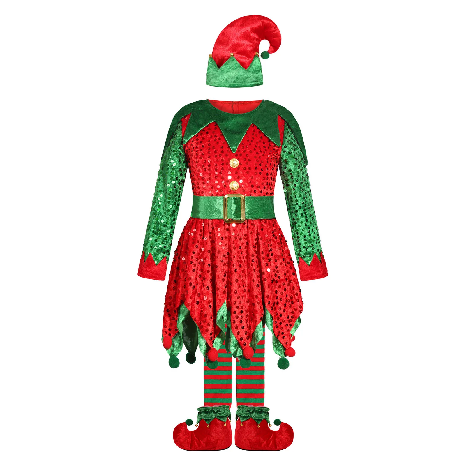 Kids Girls Christmas Elf Costume Dress with Belt Hat Stocking Shoes Covers Xmas New Year Carnival Santa Helper Cosplay Clothes