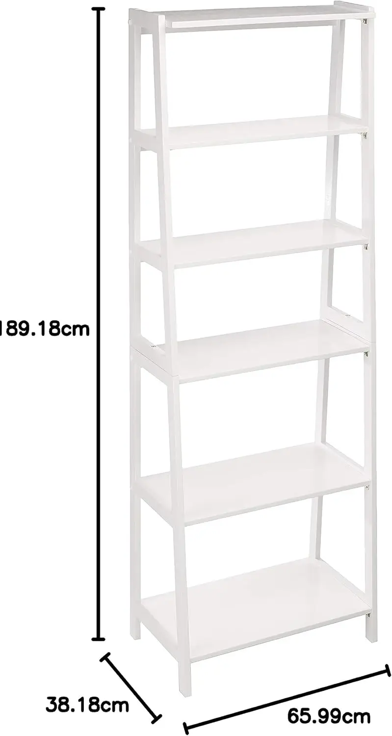 Básico-Rubberwood 5 Shelf Ladder, Estante, Branco, 15.03 "D x 25.98" W x 74.48 "H