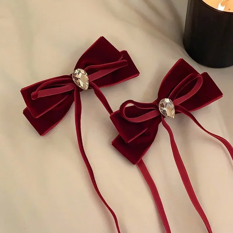 Vintage Velvet Ribbon Hairbows Girls Rhinestone Hair Pin Red Black Bowknot Streamers Ponytail Hair Clips Hair Accessories Women