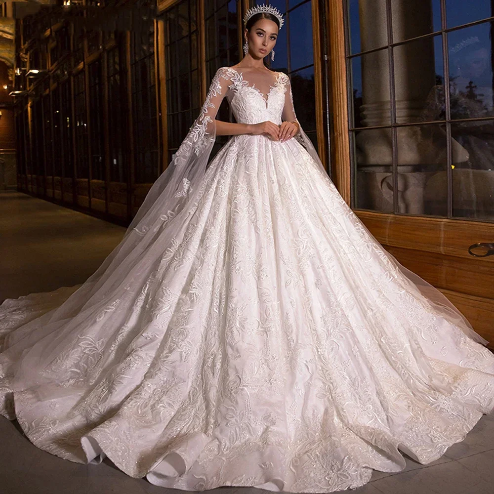 Customized Luxury A-shaped Bridal Ball Dress Low Round Neck Lace Long Sleeve Wedding Dress Church Pattern Floor length Robe