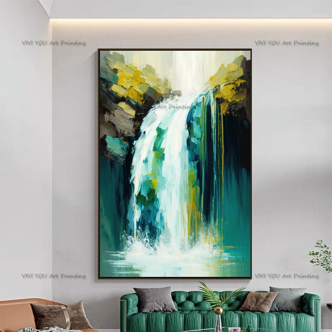 Handpainted Landscape Oil Painting On Canvas Textured Wall Art Abstract Green Mountain River Painting  Bedroom Wall Decor