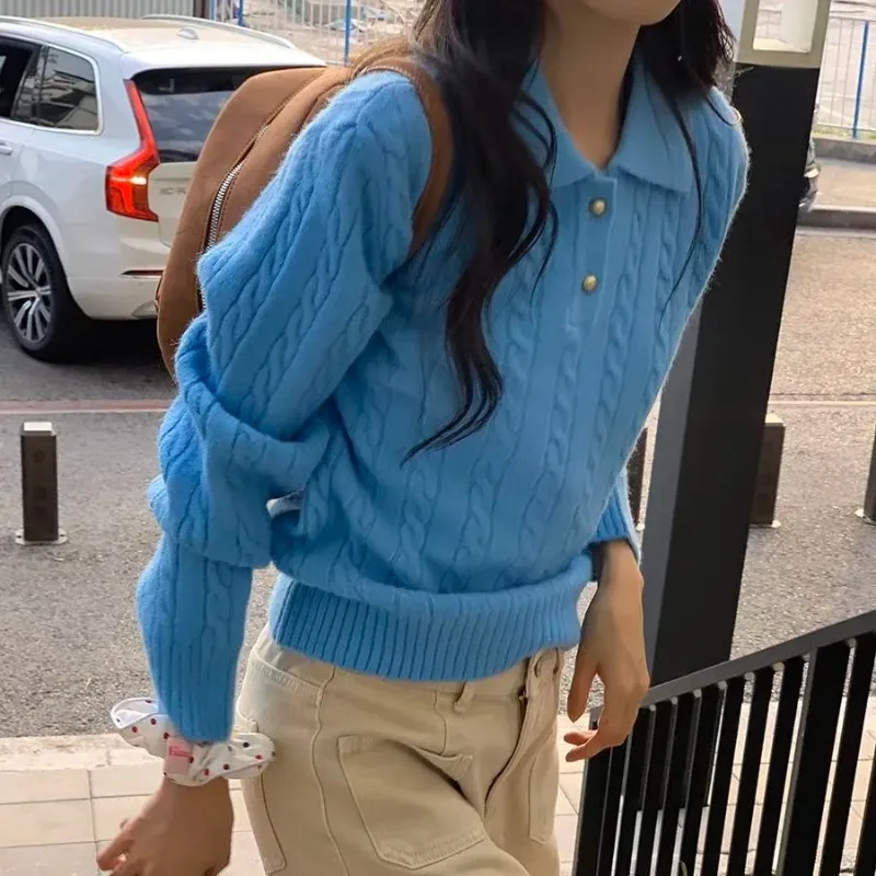 French Women Polo Collar Sweater Loose Cable Knit Lapel Pullover Blue Knitwear Top