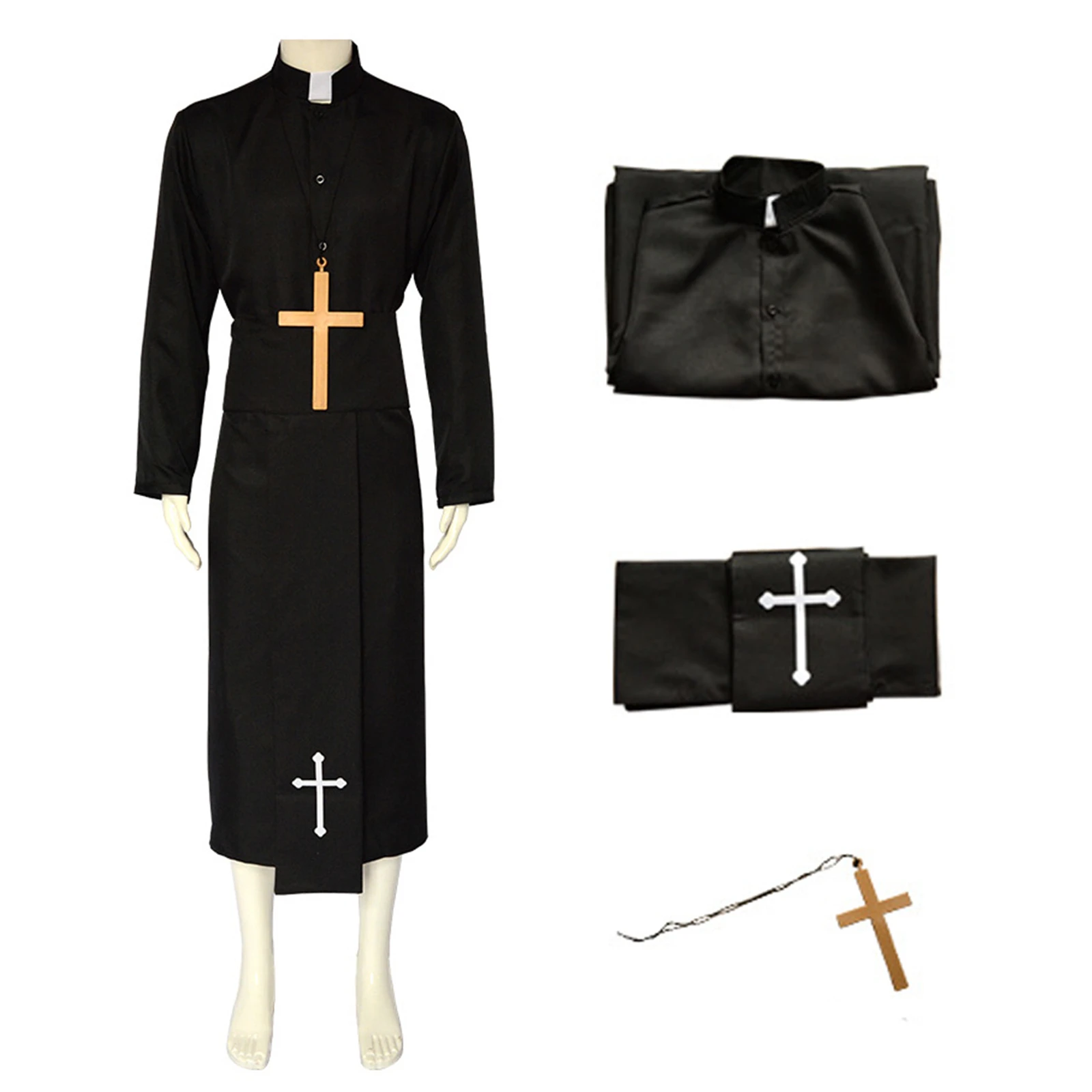 Herren Klerus Robe Erwachsene Priester Kostüm Mönch Zauberer für Männer Exorzist Kostüm für Halloween Outfit