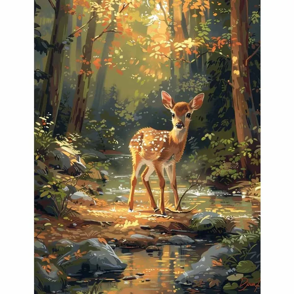 DIY Diamond Painting Cute Spotted Fawn Autumn Forest Stream Sunlight Landscape Art Craft Holiday Gift Home Wall Decor
