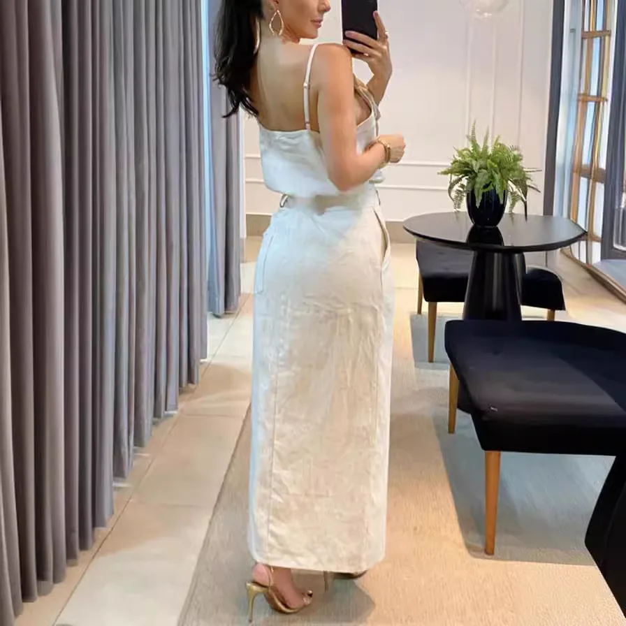 

2024 Spring/Summer New 3D Flower Hanging Strap Top Pocket Half Skirt Temperament Cotton And Hemp Set For Women