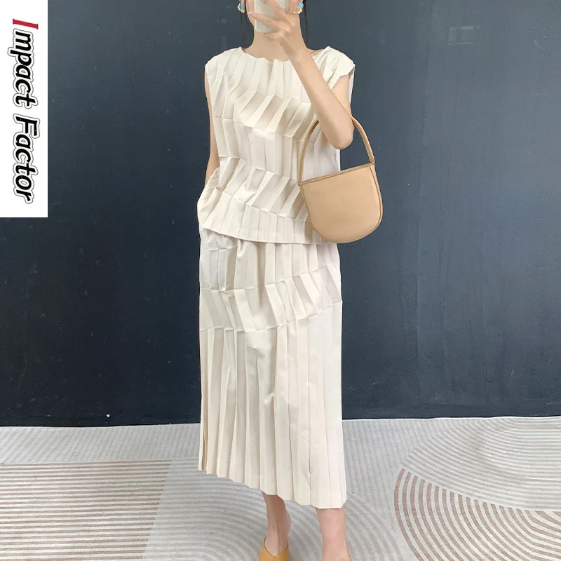 Miyake Niche Design Sense Handmade Pleated Suit Women's Summer Temperament Age-reducing Slim Top Skirt Two-piece Set