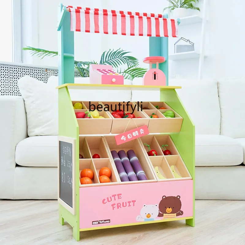 Children Toddlers Wooden Boys and Girls Simulation Sales Stall Fruit and Vegetable Stall Cashier Counter Playing Toys