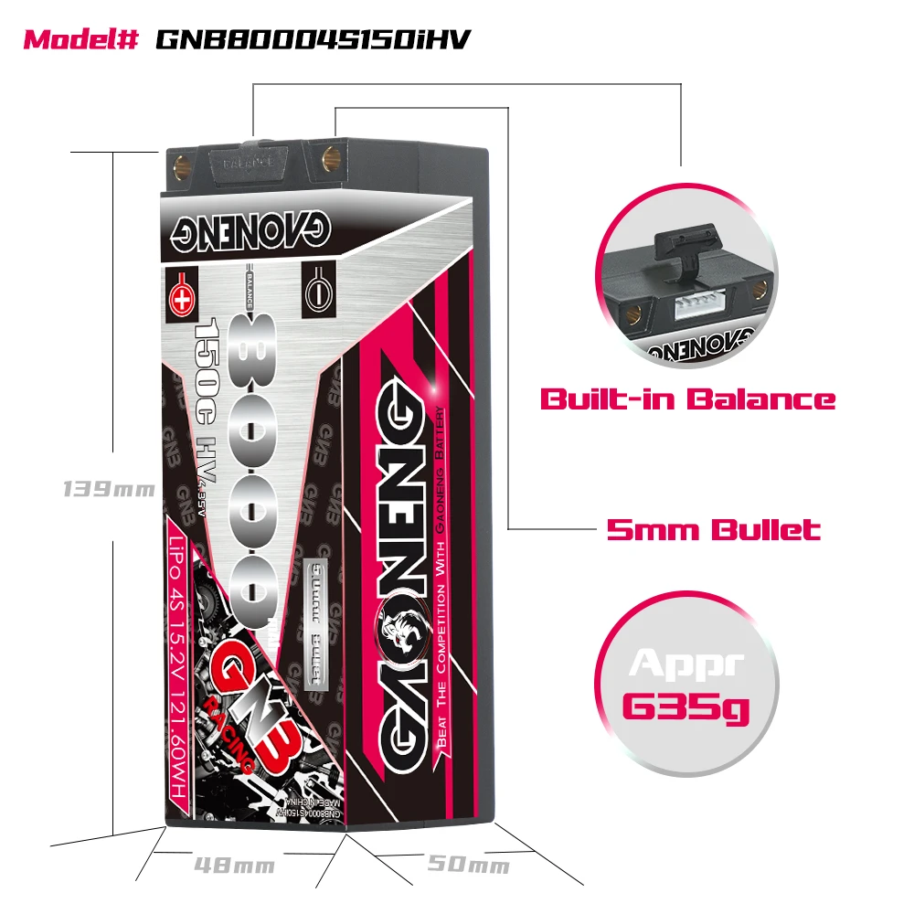 GAONENG GNB 8000mAh HV 4S 150C 300C 15.2V 5mm Built-in Bullet Hard Case LiPo Battery 1/10 1/8 Scale RC Racing Monster