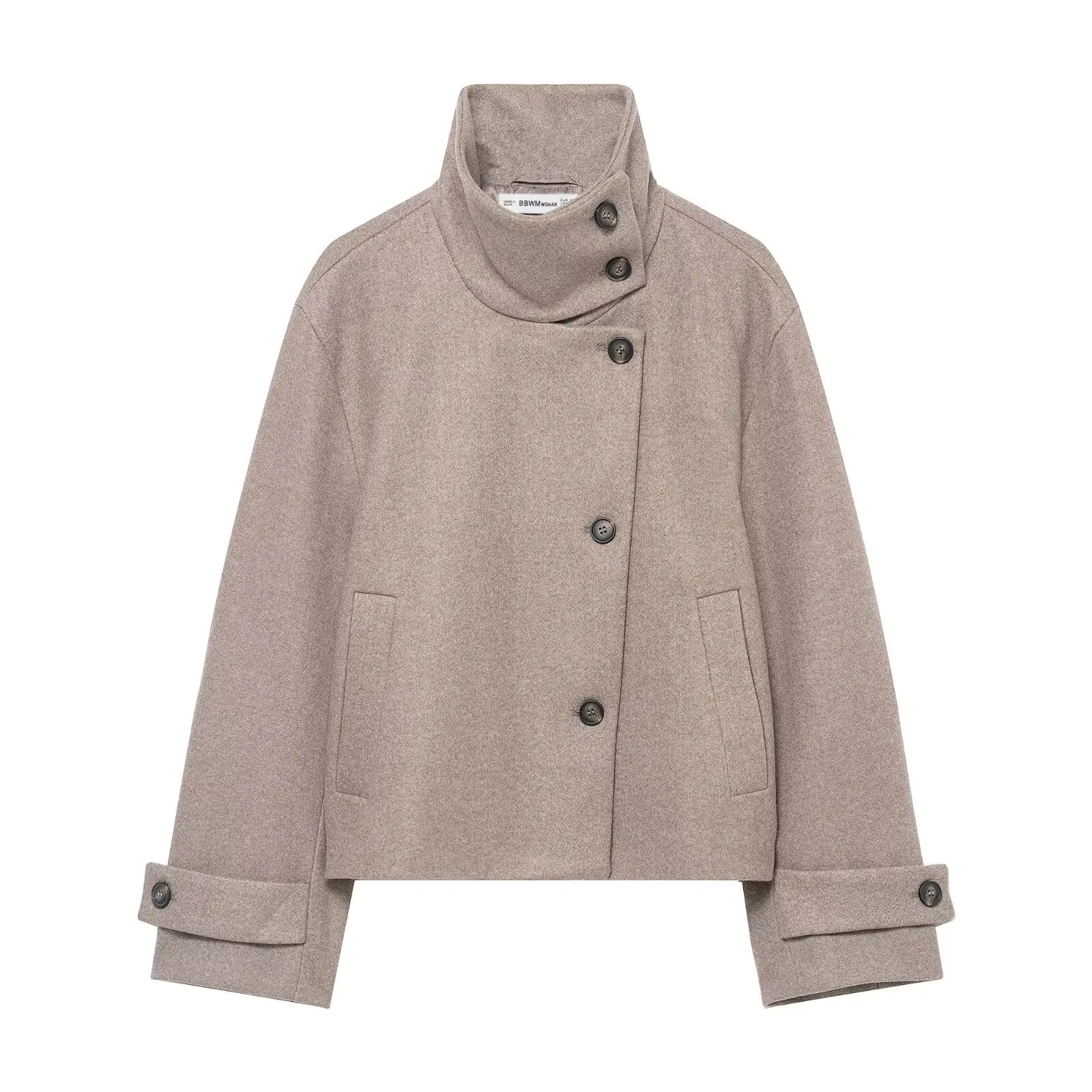 DUOPERI Women Multi-color Asymmetric Button Wool Blend Short Coat Stand Collar Long Sleeve Female Chic Lady Casual Outerwear