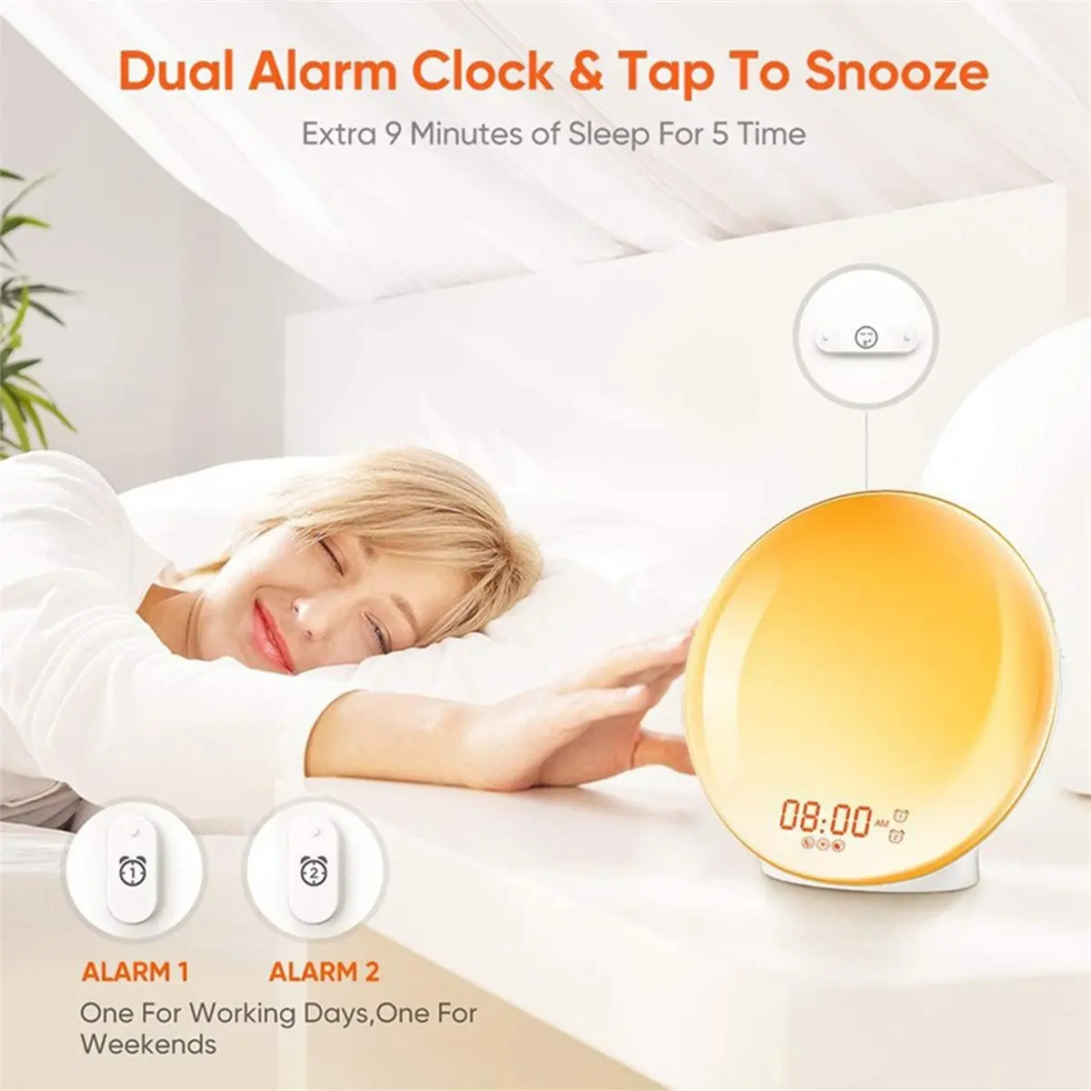 ABSF Simulated Sunrise Timepiece Wake Up Alarm LED Electronic Clocks with 7 Colour Nightlight Atmosphere Color Light US Plug