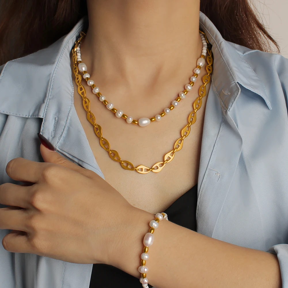 

European and American Cross-Border Stainless Steel Material 18K Gold-Plated Freshwater Pearl Necklace Bracelet Vintage Titanium Steel Clavicle Chain