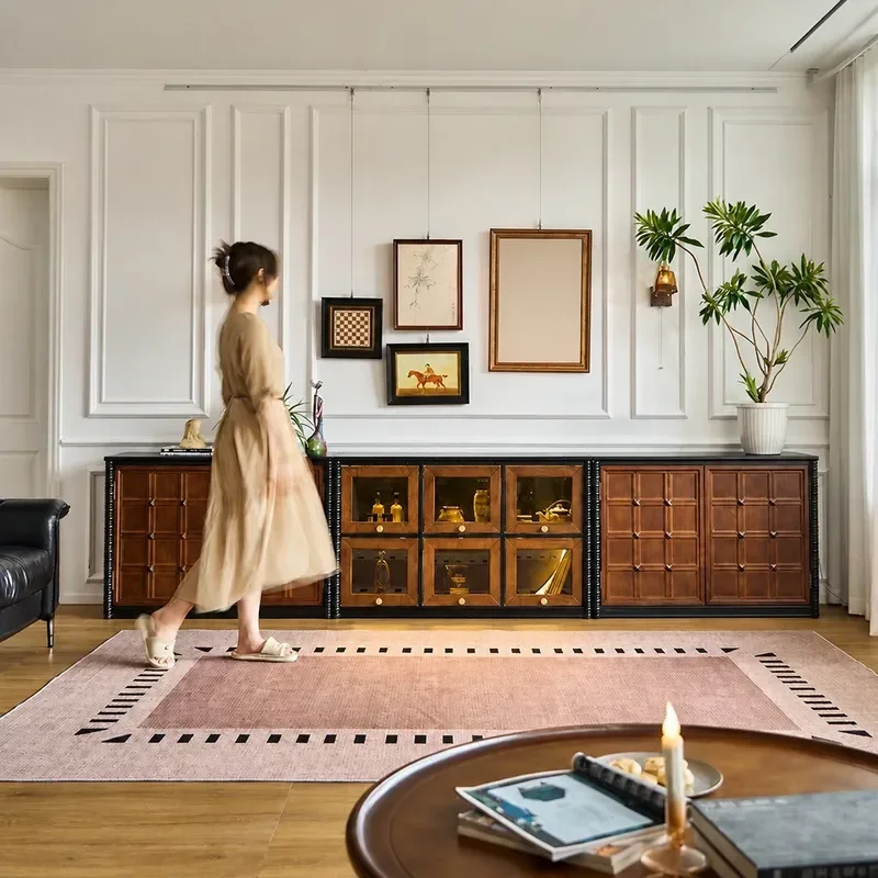 French Retro Solid Wood TV Cabinet Modular Combination Antique Skeleton Line Living Room Floor Storage Chest Advanced Style