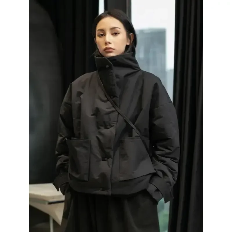 Spring Autumn New Black Short Women\'s Cotton Clothes Loose and Warm Standing Neck Parkas