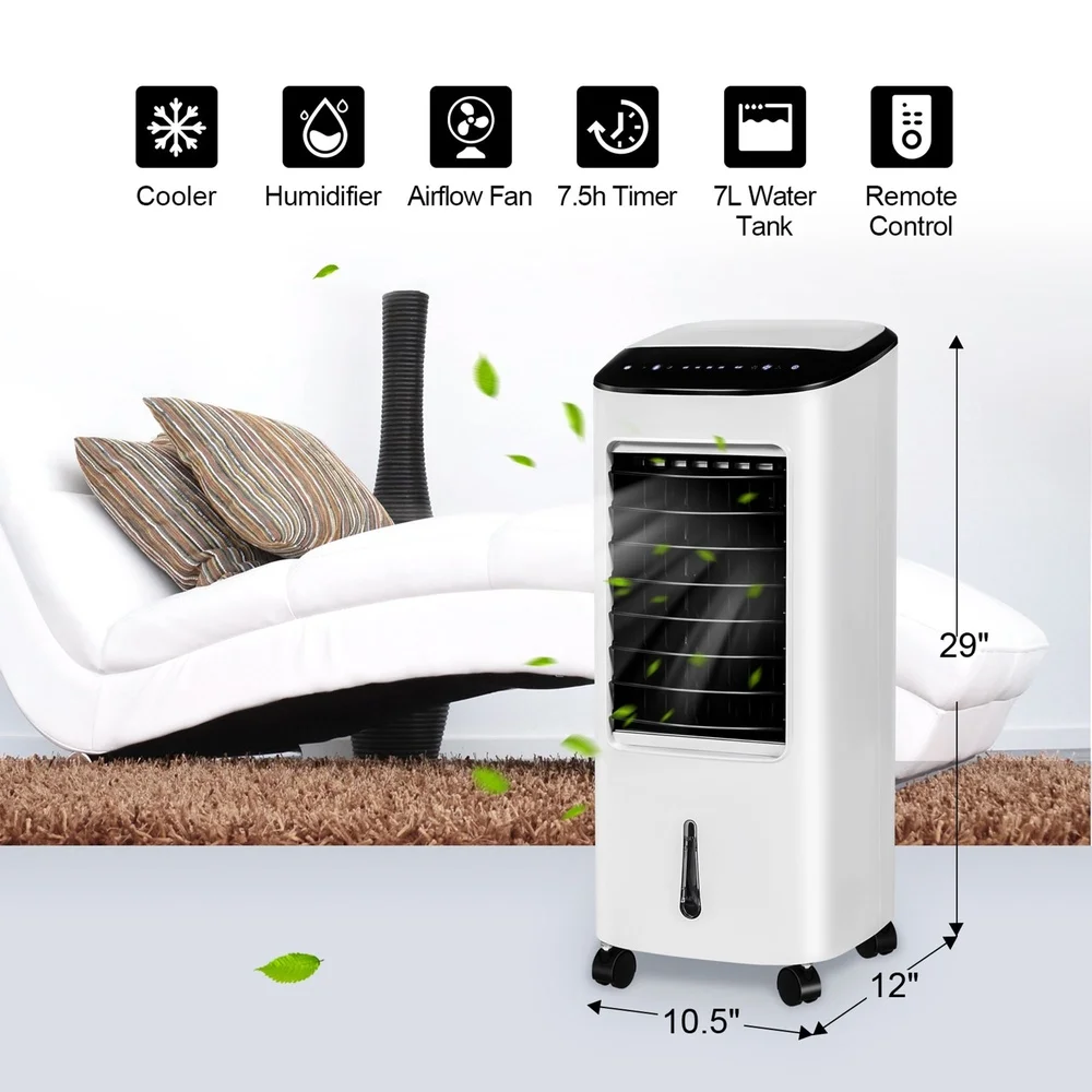 3-in-1 Evaporative Air Cooler Fan with Remote Control 7L Water Tank Timer 3 Speeds Humidifier Home Office Use