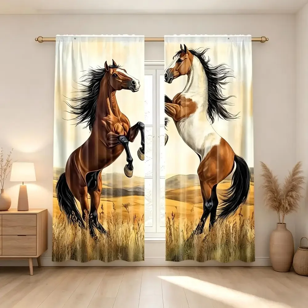 Vibrant Horse Art Curtain Pair for Living Room Farmhouse Style Window Decor Rustic Equestrian Wall Hanging