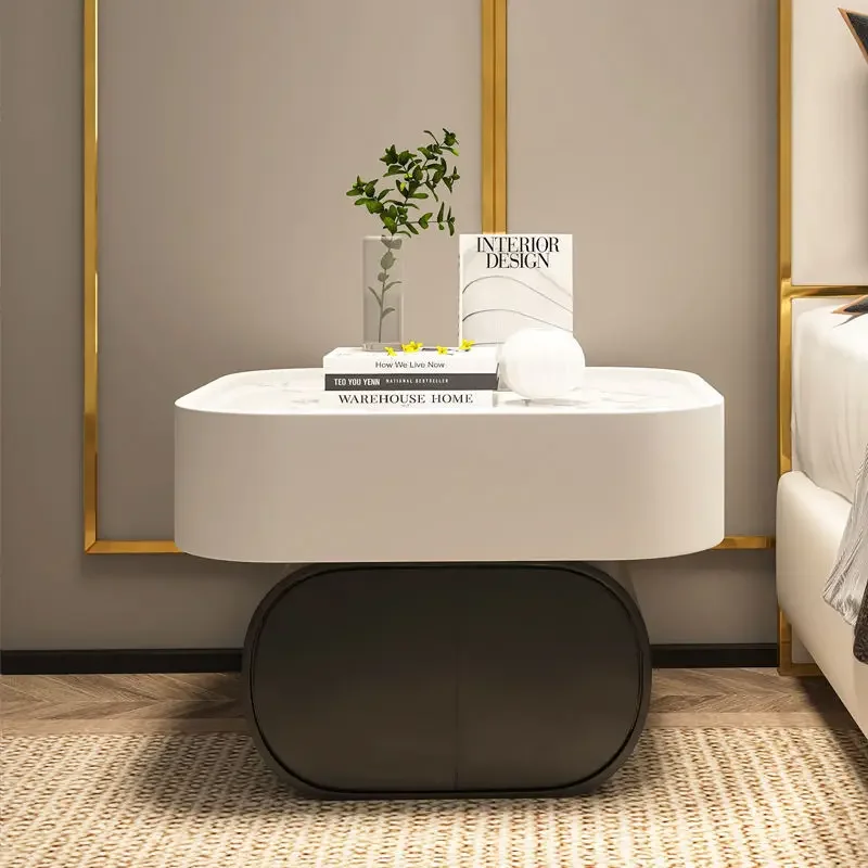 طاولة بجانب السرير خالية من التركيب، بسيطة وحديثة، خفيفة فاخرة، لوح صخري مستدير عالي الإحساس، خزانة صغيرة بجانب السرير