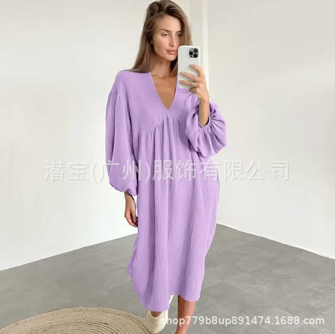 

New Women's Loose Dress V-neck High Waist Lantern Sleeve Solid Color Fashion Simple Casual Home Comfortable Female Midi Dress