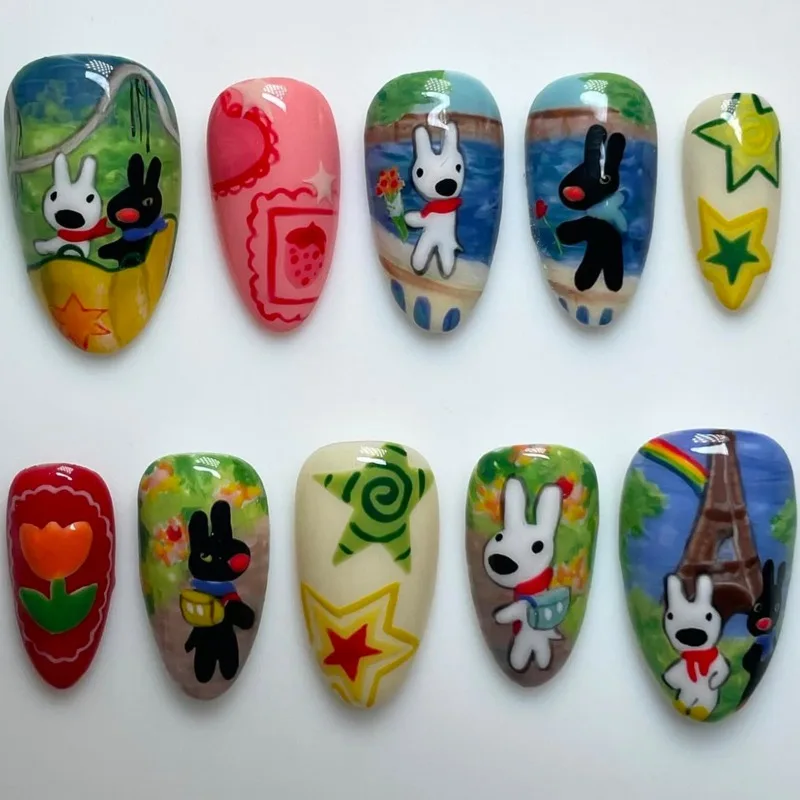 

10Pcs Handmade Short Almond Nails Hand-painted Puppy Pattern Design Press on Nails for Women and Girls Daily Cute False Nails