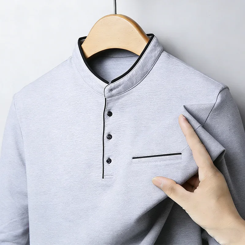 Camicia da Uomo con Collo alla Coreana, Maniche Lunghe, Vestibilità Regolare, Casual, Morbida, Traspirante, Alla Moda, Trendy, per Uso Quotidiano e Business