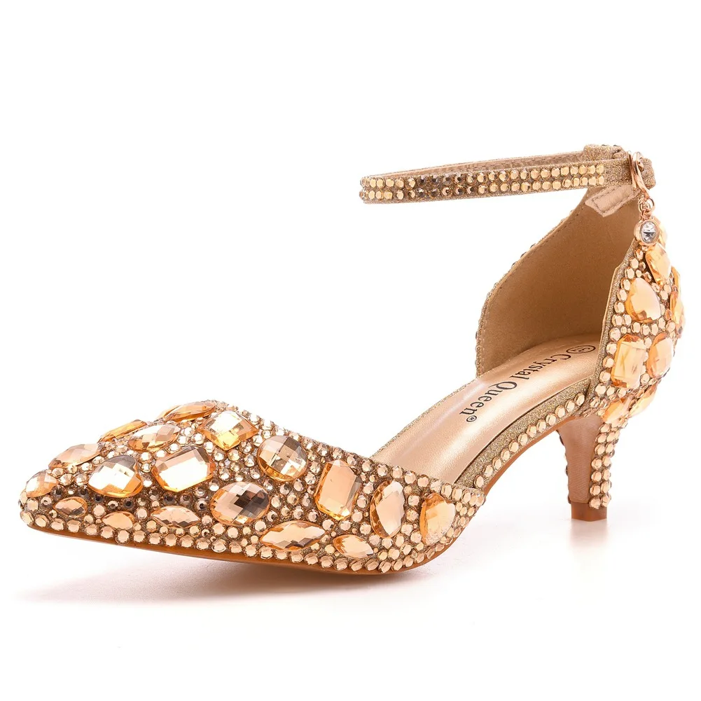 Summer Women Pumps Sandals Fashion Leather Champagne Gold Water Diamond Wedding PU 7.5 CM Thin Heels  Party Dance  Woman Shoe