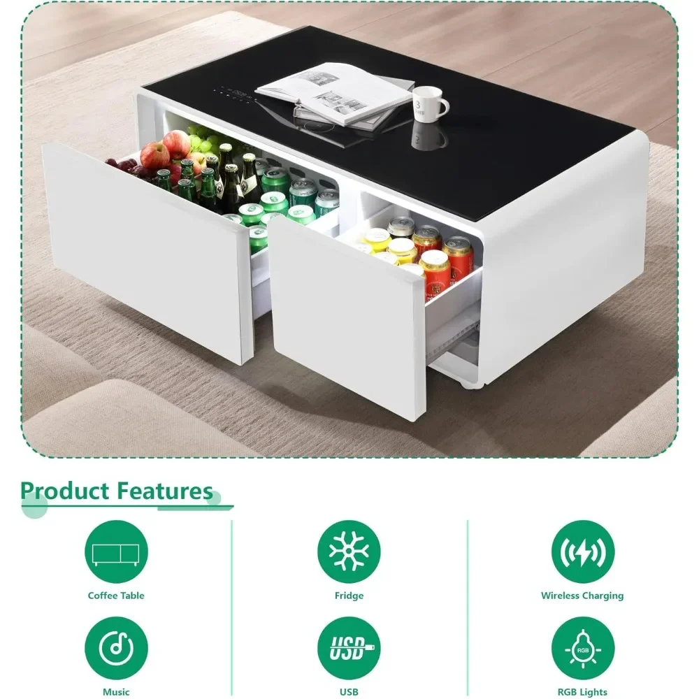 Table basse intelligente moderne avec réfrigérateur intégré, technologie de charge sans fil, contrôle mécanique de la température