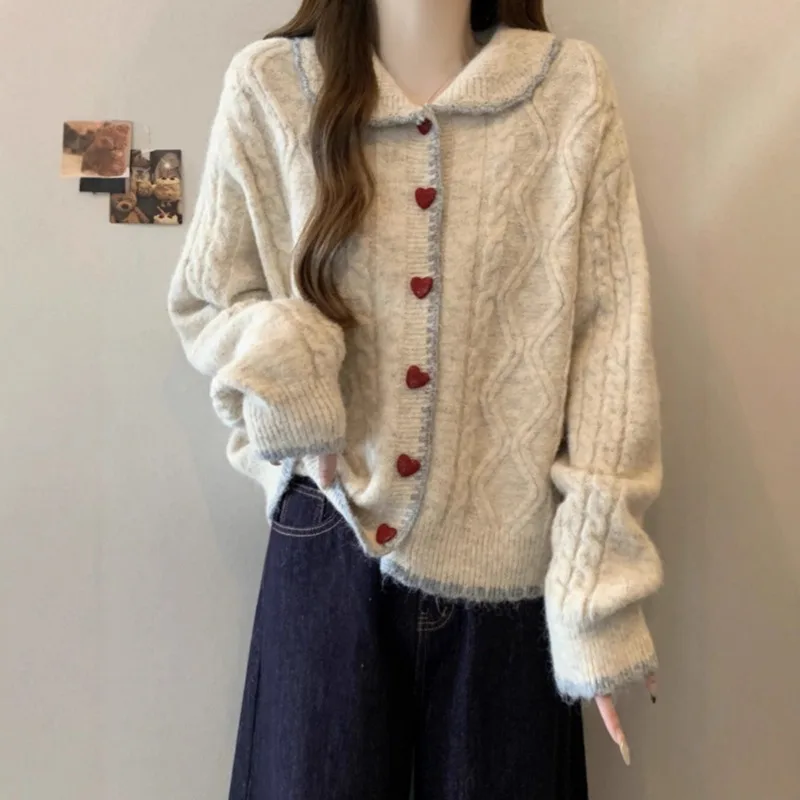 

Большой толстый мм, весенне-осенний винтажный свитер с пуговицами «Любовь», ленивый стиль, кукольный воротник, свитер с жареным тестом, женское свободное вязаное пальто