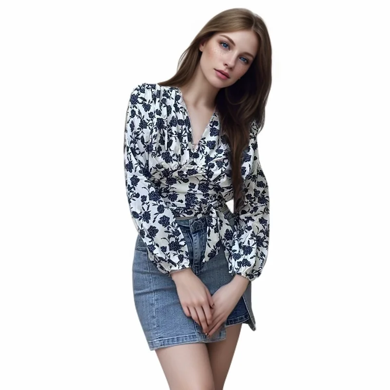 Women\'s Casual Floral Printed V Neck Tops Korean Style Short Long Sleeve T Shirt Blouses