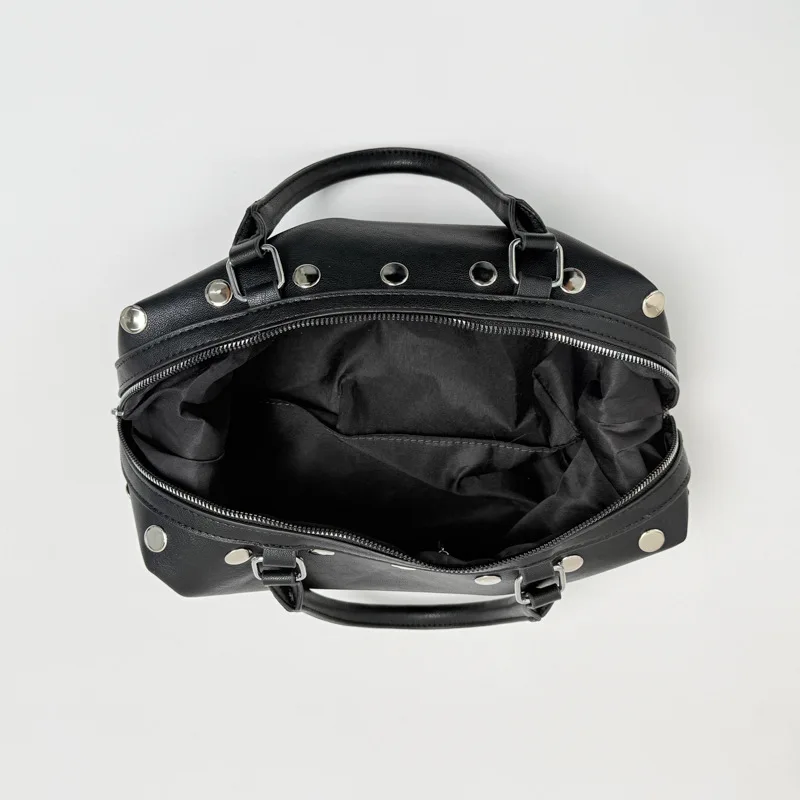 Cool Biker Style Boston Bag for Women Handbag Rivet PU Leather Female Shoulder Bags Commute Totes Lady Messenger Bags for Daily