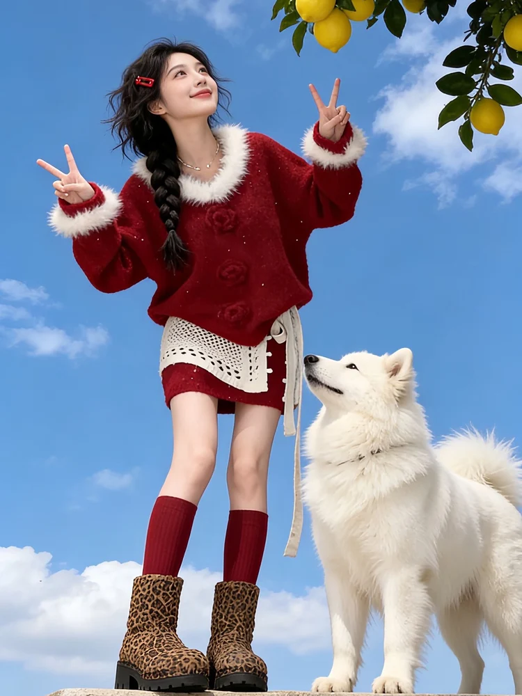 Cisas Red New Year Aosphere Knitted Sweater Tee Piece Set Women's Korean Sle New Year Robe Super ular Set