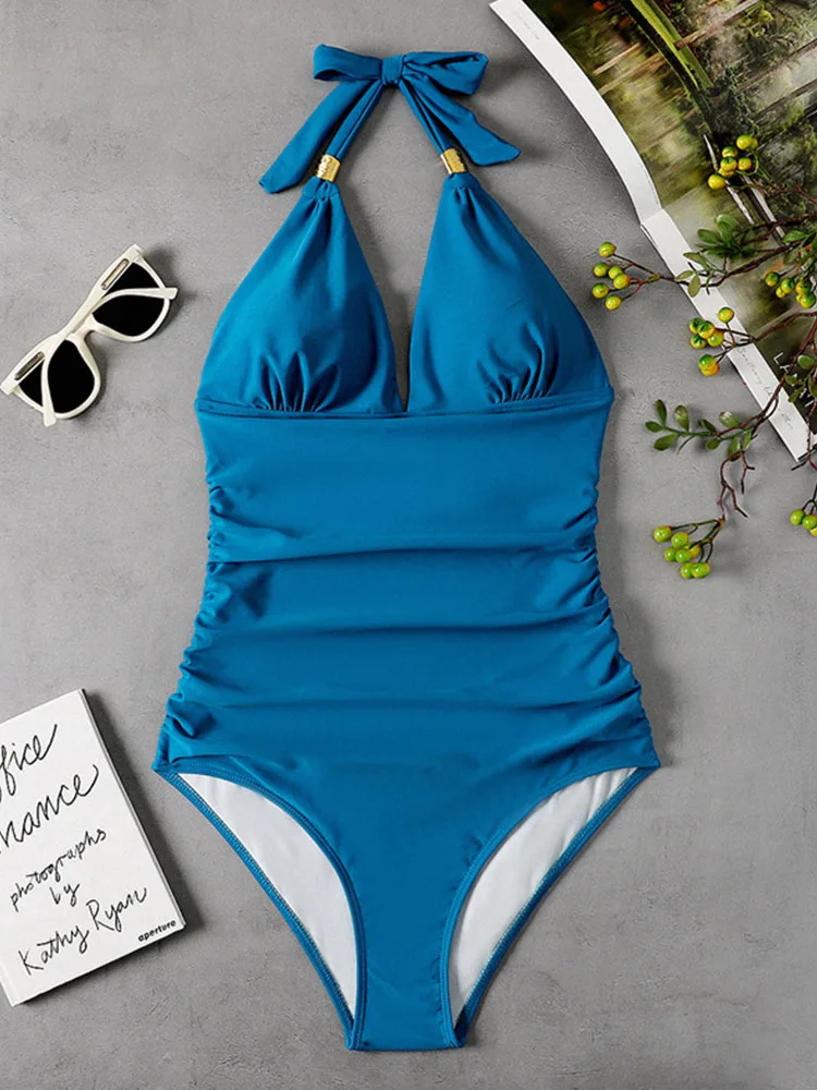 

One Piece Swimsuit Women Solid Bathing Suit Halter Bodysuit Push Up Swimsuit Monokini Beachwear Swimwear Tankini 2022