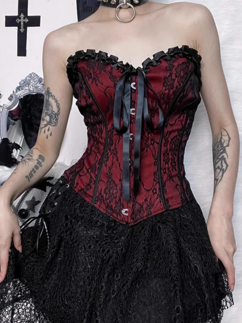 Dark Black Retro Slings Fishbone Corset Red Costume Sexy Tube Top Tank Hot Girl Waist-Controlled Cool Camisoles Women's Clothing