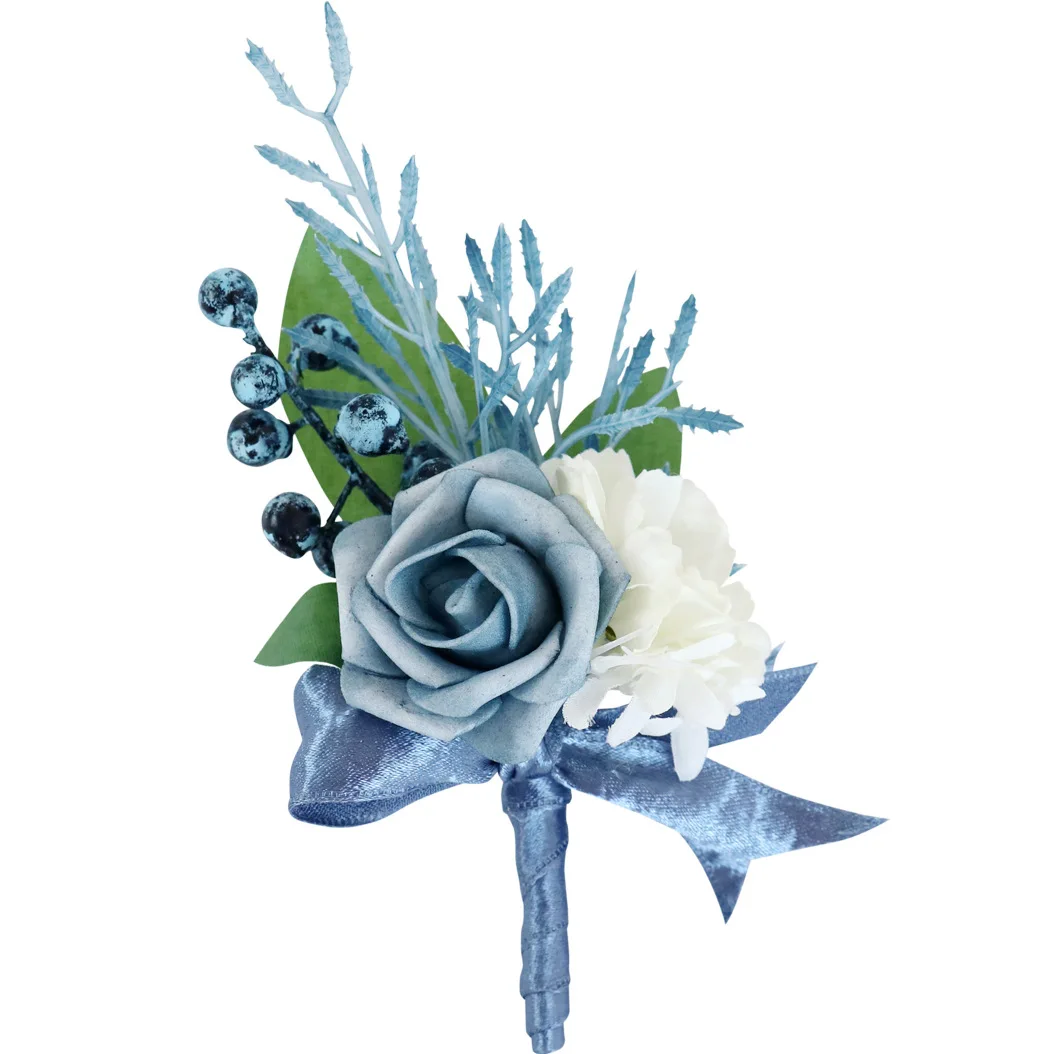 Boutonniere e pulso Corsage para noivo e noiva, rosa simulado, estilo ocidental, acessórios do casamento, atacado