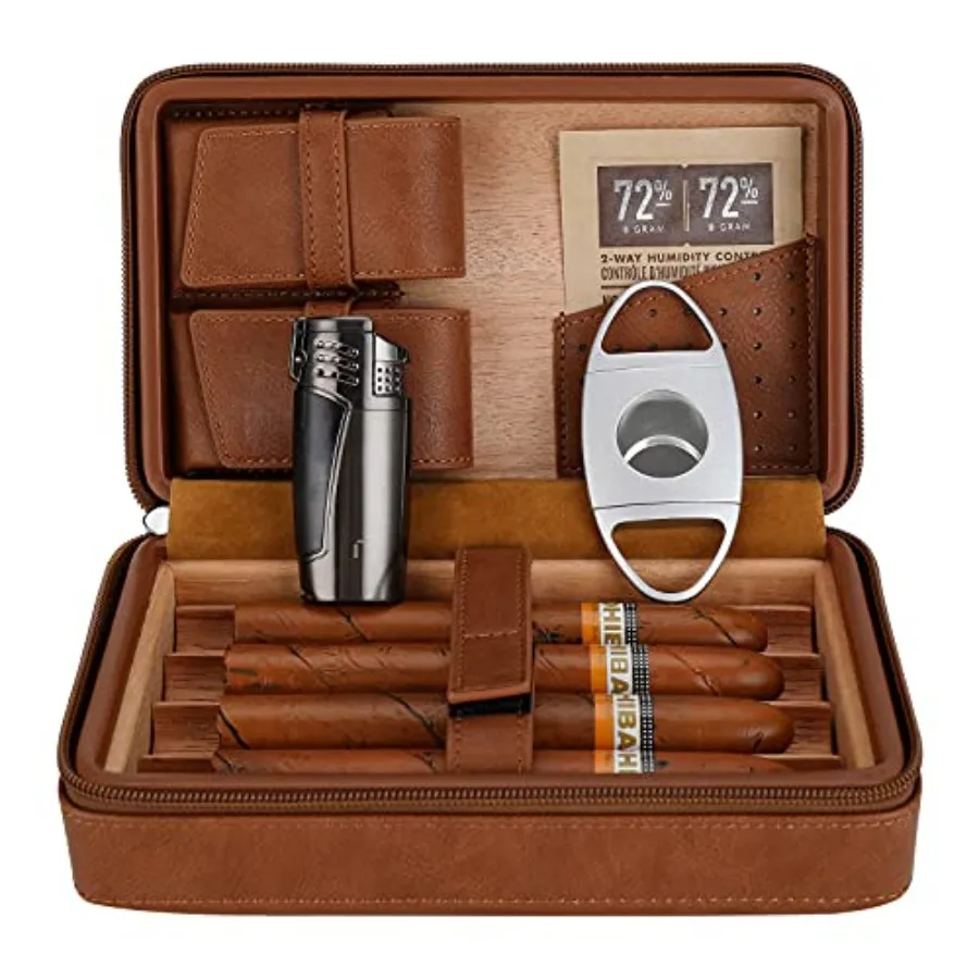 

Cigar Travel Humidor Cedar Wood Leather Cigar Case with Cigar Accessories Gift Set