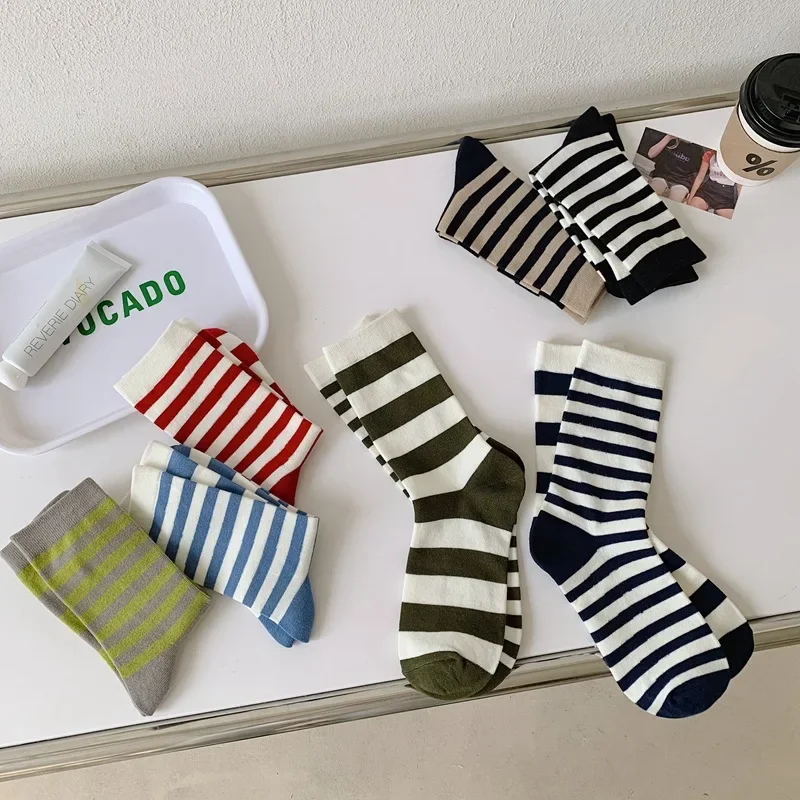 Ins Combed Cotton Women's Long Socks Harajuku Japanese Korean Striped Socks Autumn Winter Fashion Casual Girls AB Socks High