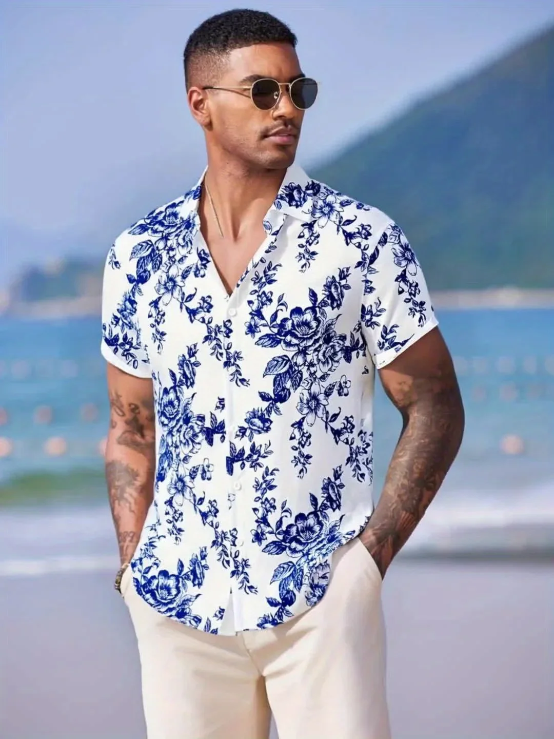 Drop Shoulder Vintage Blue Floral Short Sleeve Shirt Smooth Ice Silk Fabric Moderate Short Length Lapel Casual Top