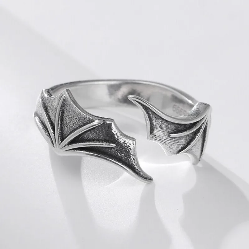 2pcs Vintage Angel Bat Wing Demon Eye Hip Hop Adjustable Couples Rings for Men Women Retro Silver Color Jewelry Party Daily