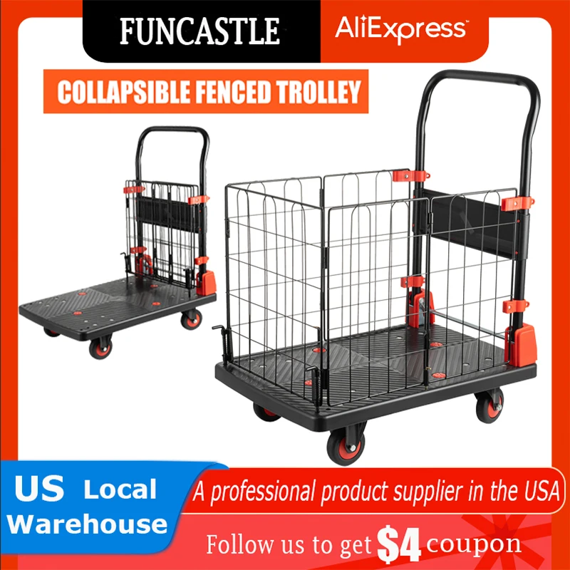 

Platform Truck Cart with Cage Foldable Push Cart Dolly 440LBS Capacity Moving Portable Hand Trucks for Warehouse Grocery Garage