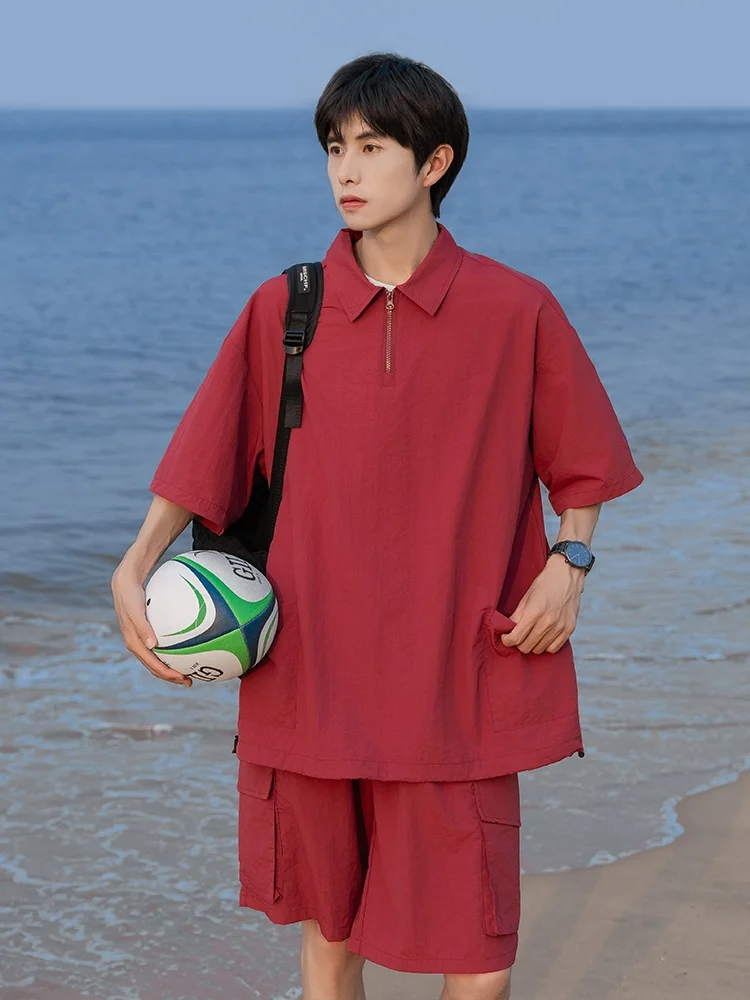 

Мужской летний модный комплект из двух предметов: футболка с коротким рукавом из ледяного шелка свободного кроя и легкая тонкая футболка на молнии