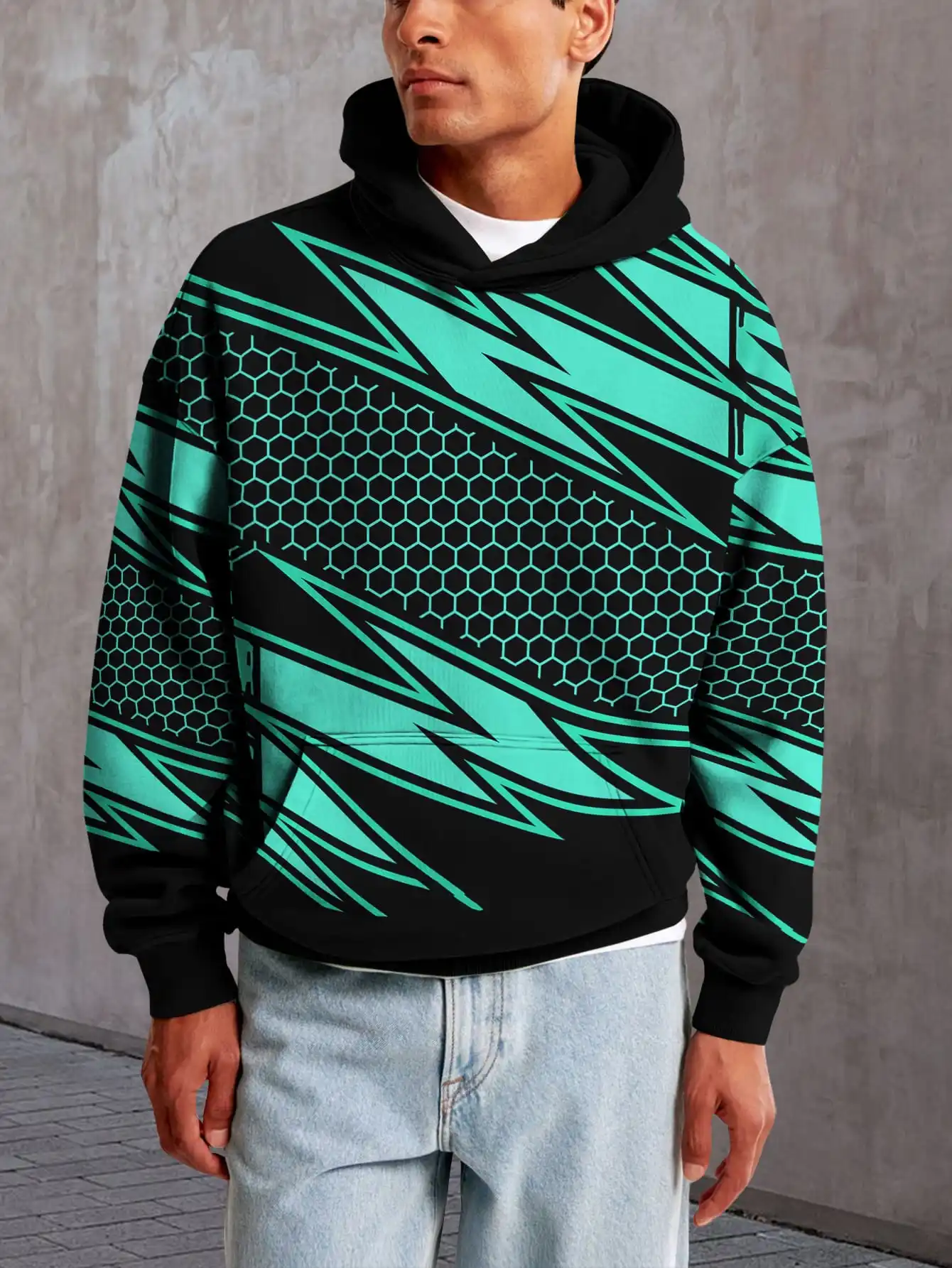 

Green striped geometric patchwork style 3D print tie-dye hoodie Green striped pattern hooded sweatshirt Cool street style