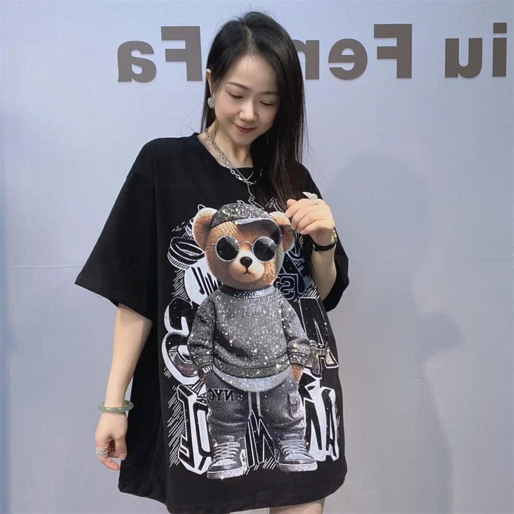 

Fashion Loose O Neck Short Sleeve Oversized T Shirts Women Clothing Cartoon Bear Diamonds Casual Female Tops Tee Ropa De Mujer