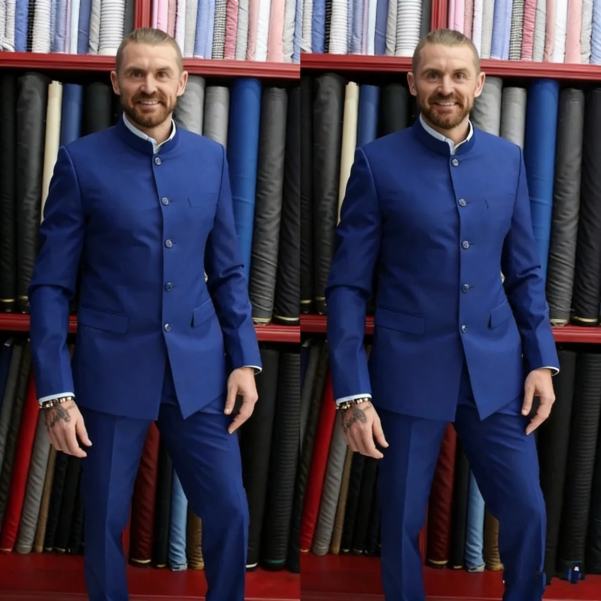 

Мужской синий костюм-двойка: пиджак с отложным воротником и брюки. Повседневный, для торжественных мероприятий, выпускного, на заказ.