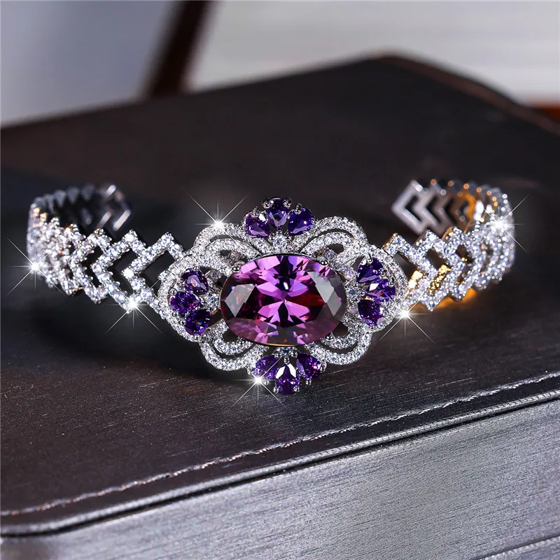 Charm Female Purple Zircon Stone Oval Bracelet Cute Silver Color Adjustable Summer Wedding Jewelry For Women