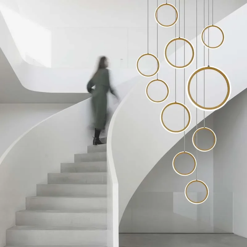 Modern LED Rings Chandelier For Staircase Living Room Minimalism Aluminum Round Hanging Lamps Simple Indoor Attic Light Fixtures