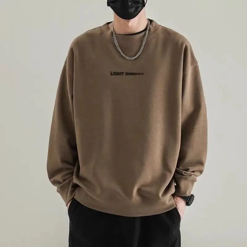 Herbst Top Kaffee Mode Label Brief Premium Pullover männer Rundhals Langarm T-shirt Lose Alle-spiel männlichen Casual Mantel